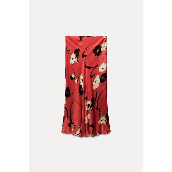 Zara Womens satin Skirt Medium M Red Floral Printed Midi Length 8702/069 NWT - Picture 1 of 15